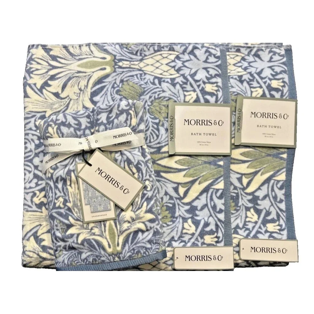 Morris & Co 2 Bath Towels 2 Hand Towels Blue Snakeshead Blue Cotton Velour